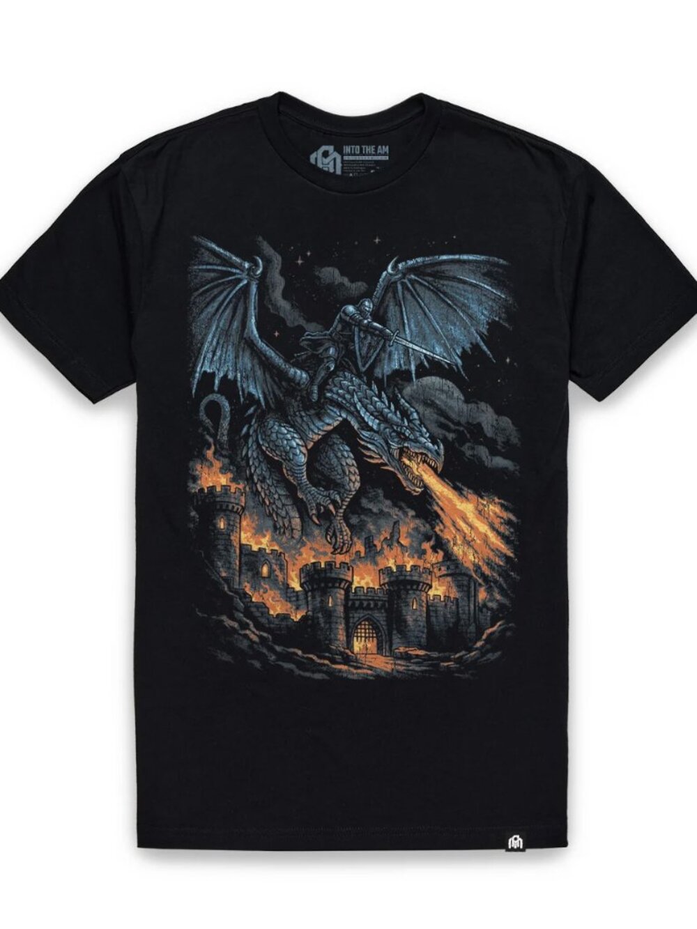 Black Dragon Rider Castle Fire Graphic Tee Epic Fantasy Battle Shirt